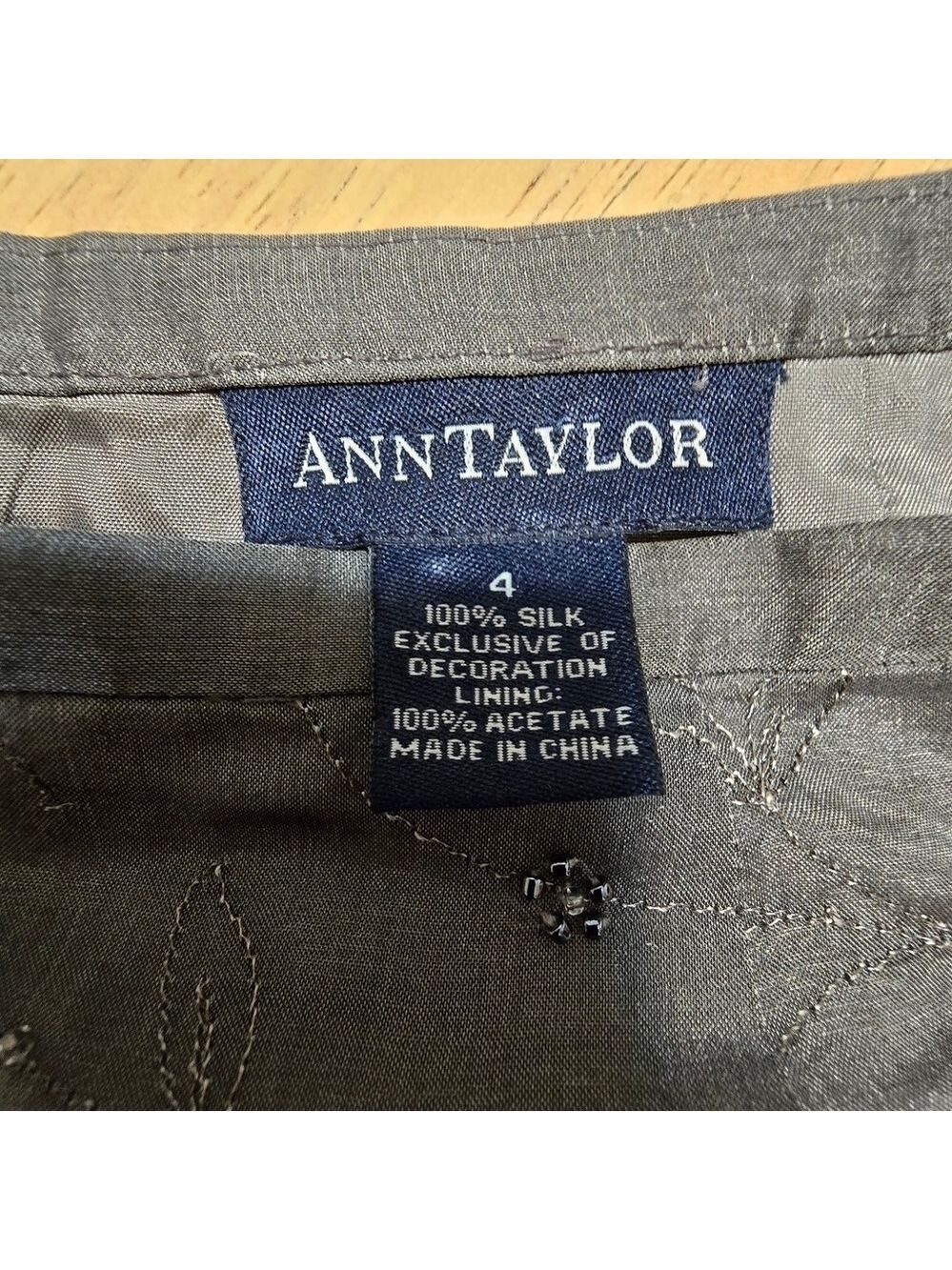 Vintage Anne Taylor 100% Silk Grey Embroidered Flora Pearl Maxi Skirt - Picture 9 of 10